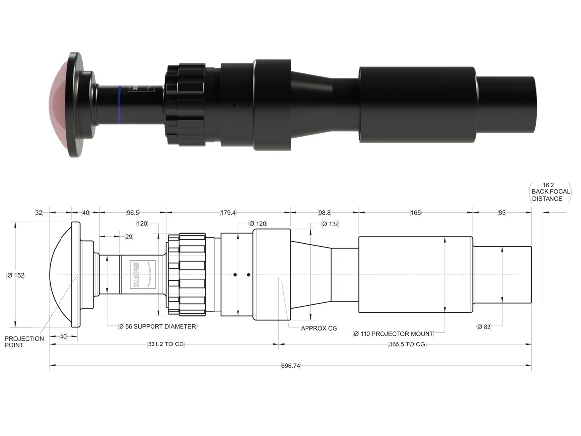 JL4K-4: Technical drawing of projection lens for giant screen solutions