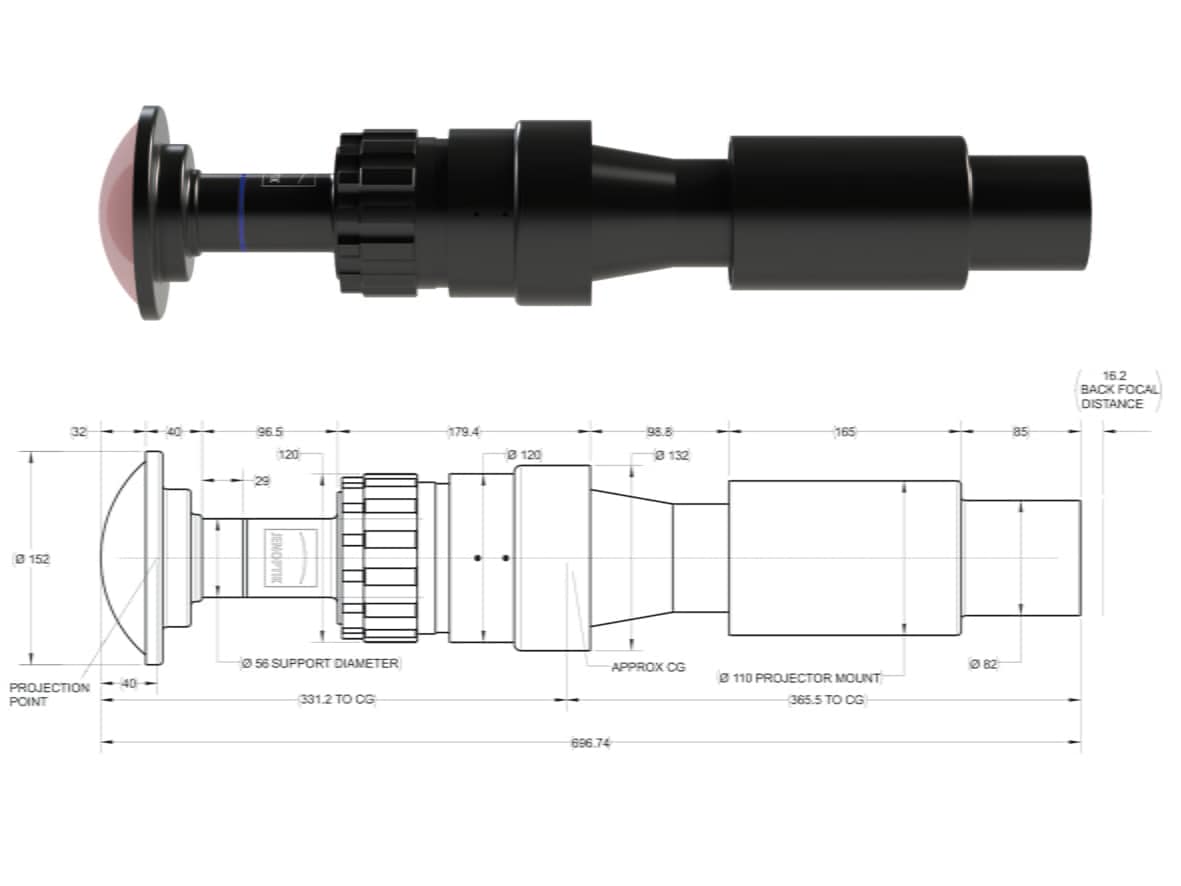 JL4K-4: Technical drawing of projection lens for giant screen solutions JL4K-4: Technical drawing of projection lens for giant screen solutions