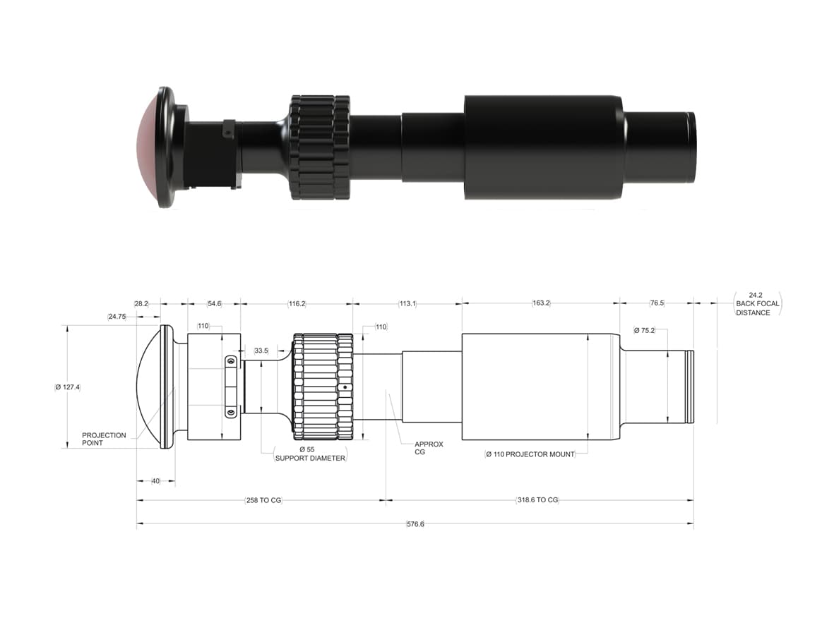 Technical drawing of JL4K-1 projection lens for entertainment