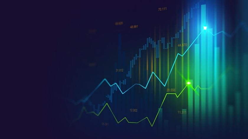 Stock market or trading graph in graphic concept with blue and green lines