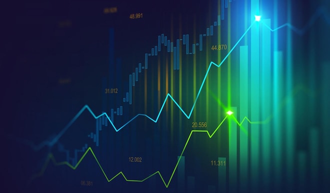 Aktienkurs in grün und blau mit leuchtenden Höhepunkten