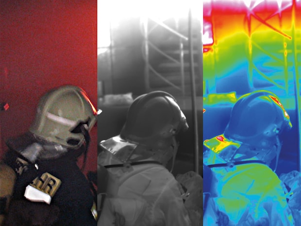 Fire fighters entering a fire area (infrared, thermal, vis camera)