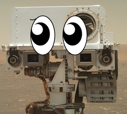 Mars rover Perseverance with comic eyes to create the impression that the rover can look